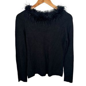 Vintage Y2K Max Studio‎ Small Sweater Feather Trim Black Long Sleeve Rayon Blend